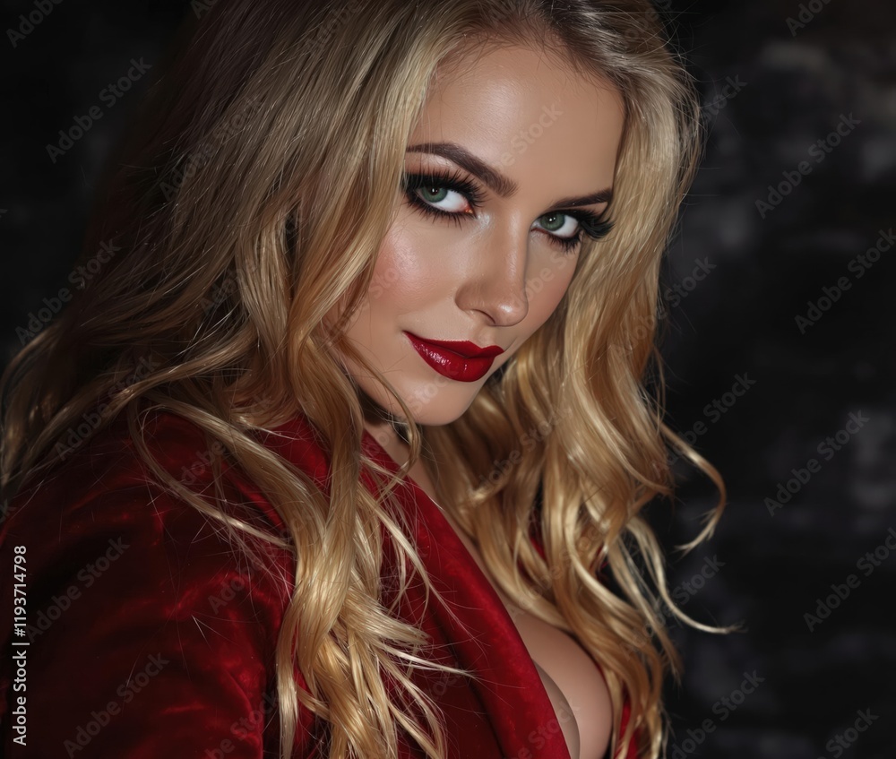Fototapeta premium The Emerald Fire: A Seductive Portrait of a Stunning Blonde with Mesmerizing Green Eyes and Crimson Lips, Adorned in a Fiery Red Gown 