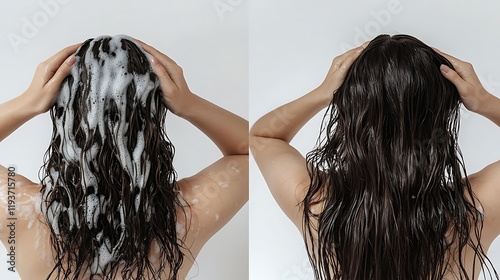 Hair before and after Woman before and after washing her hair with moisturizing shampoo on a white background. Flawless smooth hair after straightening with an iron. Collage, back view. Hair care and 