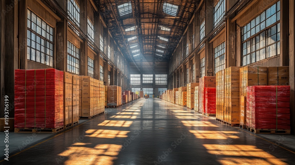 Fototapeta premium Vast Industrial Warehouse Interior with Sunlight Streaming Through Windows Highlighting Stacked Wooden Pallets on Both Sides of a Spacious Aisle