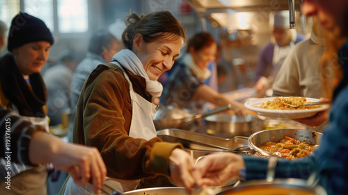 A local soup kitchen serving meals: Volunteers ladling hot soup and handing plates to smiling patrons, creating a warm and caring atmosphere.