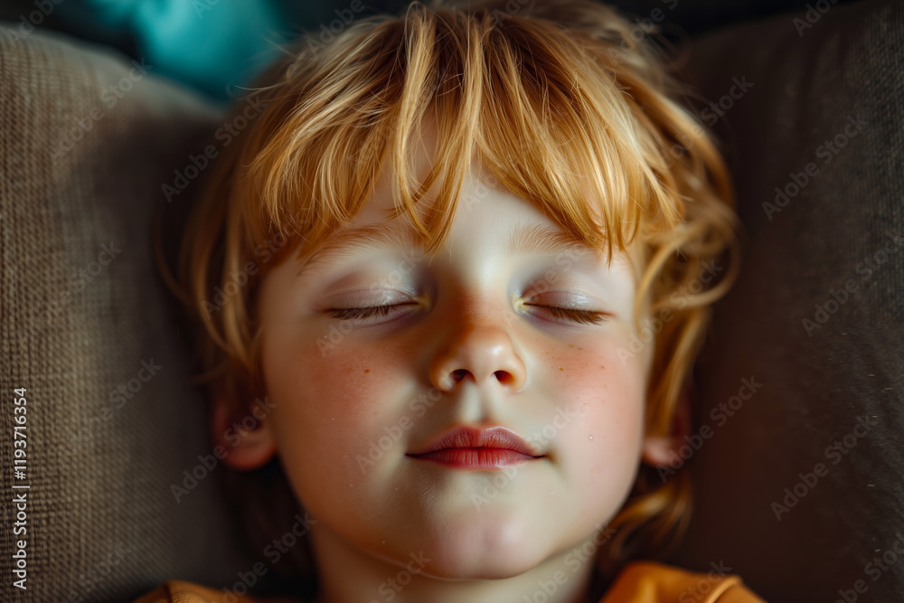 A little boy sleeping on a couch with his eyes closed A little boy sleeping on a couch with his eyes closed