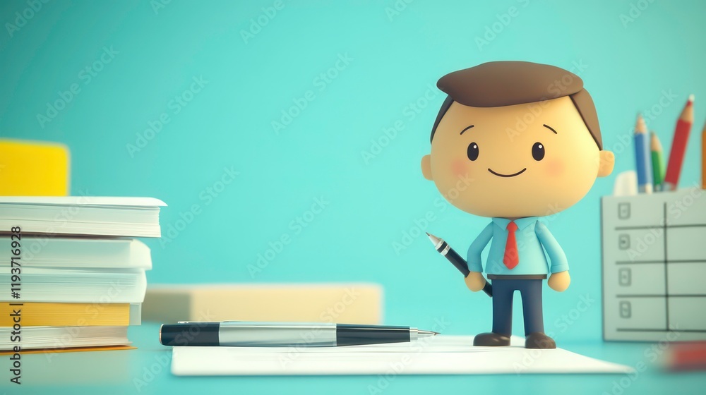 Tax planning deduction concept. A cheerful cartoon character in business attire stands with a pen, next to a checklist and stacked documents, representing productivity and organization. Tax planning deduction concept. A cheerful cartoon character in business attire stands with a pen, next to a checklist and stacked documents, representing productivity and organization.