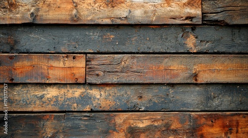 A close-up view of rustic, textured wooden planks exhibiting natural weathering, showcasing unique variations in color and texture found in reclaimed wood surfaces. photo