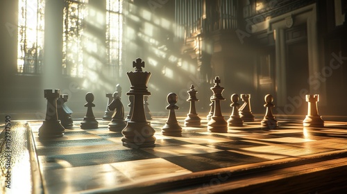 Chess pieces on a board in a sunlit church.