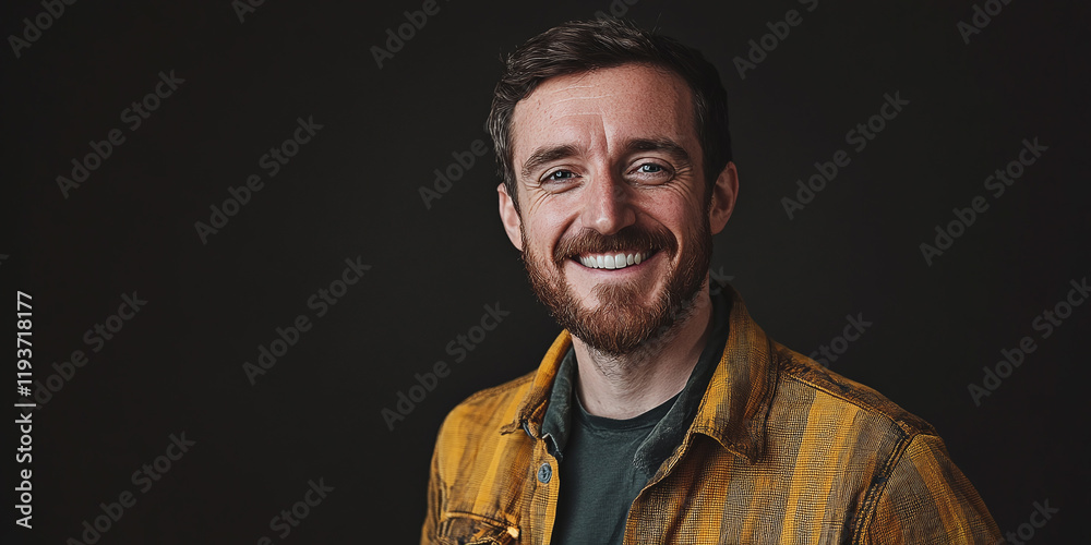 Obraz premium Studio portrait of a young man with red hair and a beard, smiling while wearing a yellow plaid shirt, posed against a dark background.