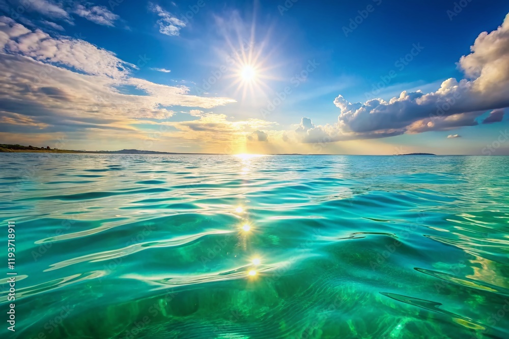 Obraz premium Serene Mint Green Ocean Waves: Calm Water Surface Texture with Sunlit Splashes - Panoramic Stock Photo