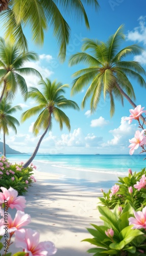 Tropical paradise beach scene with white sand palm trees turquoise water and pink flowers