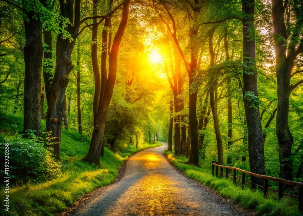 Fototapeta premium Serene Silhouette Pathway: Lush Green Trees, Evening Sun, Peaceful Nature Walk