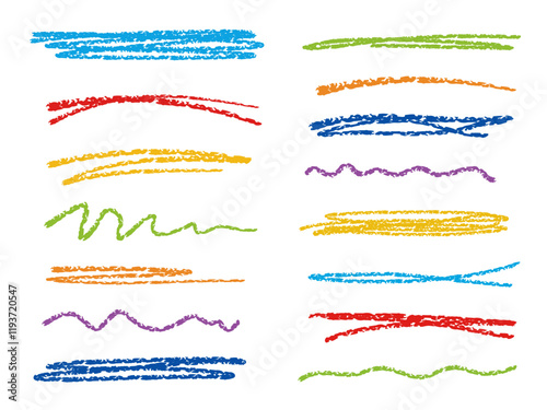 Set of colorful hand drawn pencil strokes. Abstract vector scribbles, wavy lines, and underlines. Colorful Chalk crayon sketch elements. Perfect for adding playful accents to children design