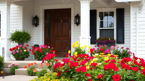 Vibrant Flowers Adorn the Entrance of a Charming House, creating curb appeal with colorful blooms and landscaping design. The perfect blend of architecture and nature.