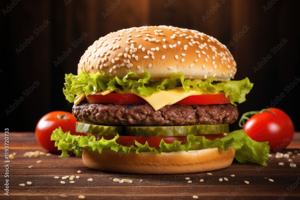 Juicy Cheeseburger on White Isolated Background with Beef, Tomatoes, Cheese, and Lettuce Juicy Cheeseburger on White Isolated Background with Beef, Tomatoes, Cheese, and Lettuce