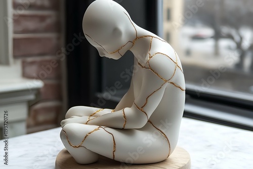 White ceramic figure with golden kintsugi cracks, seated near a window, emphasizing solitude and healing