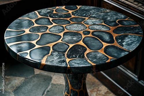 A round stone table with golden kintsugi design, blending modern aesthetics with traditional craftsmanship photo