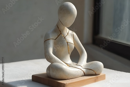 Elegant ceramic figure in meditative pose, repaired with golden kintsugi, showcasing balance and inner peace