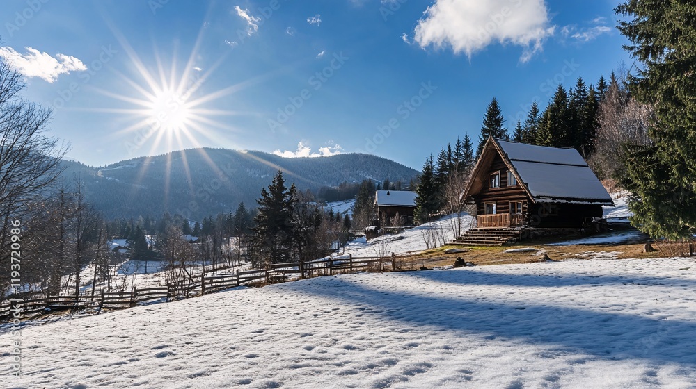 Fototapeta premium Sunlit Winter Cabin in Mountain Landscape