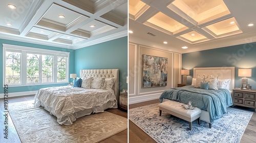 Muted Teal Before and After Master Bedroom Showing The Unfinished and Renovation State Complete with Coffered Ceilings and Molding. Muted Teal Before and After Master Bedroom Showing The Unfinished an