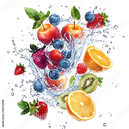 mix fruits floating with water splash