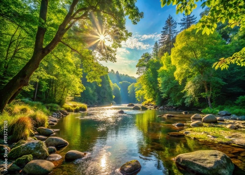 Serene Summer River Landscape: Lush Forest, Deep Focus Photography
