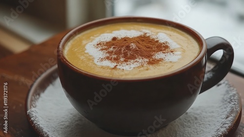 Creamy spiced latte by snowy window in cafe. photo