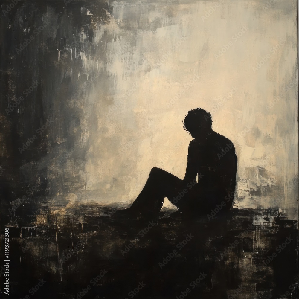 Sitting in shadow, a figure grapples with mental turmoil surrounded by abstract elements. Generative AI Sitting in shadow, a figure grapples with mental turmoil surrounded by abstract elements. Generative AI