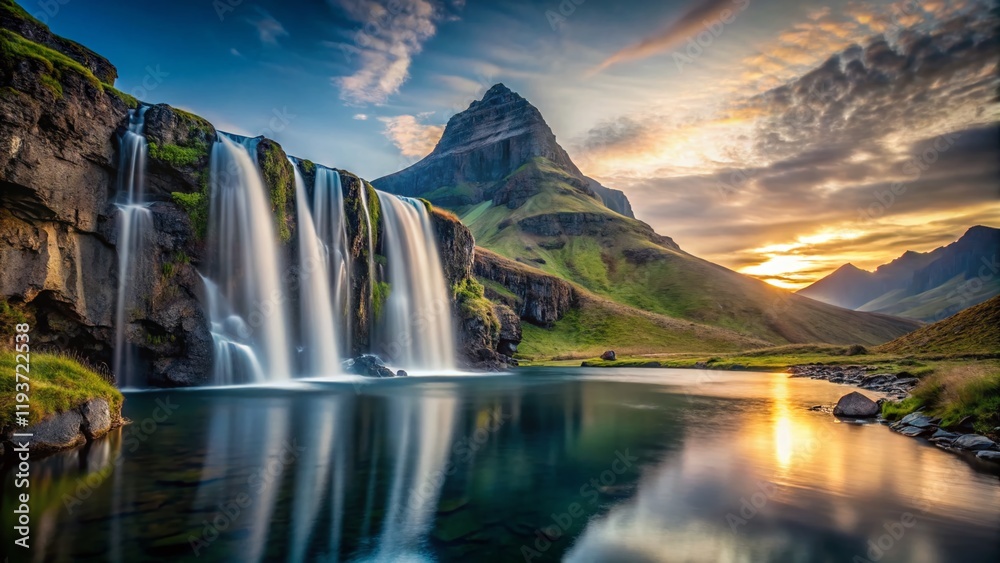 Fototapeta premium Serene Waterfall Cascade into Pristine Mountain Lake - Minimalist Nature Photography