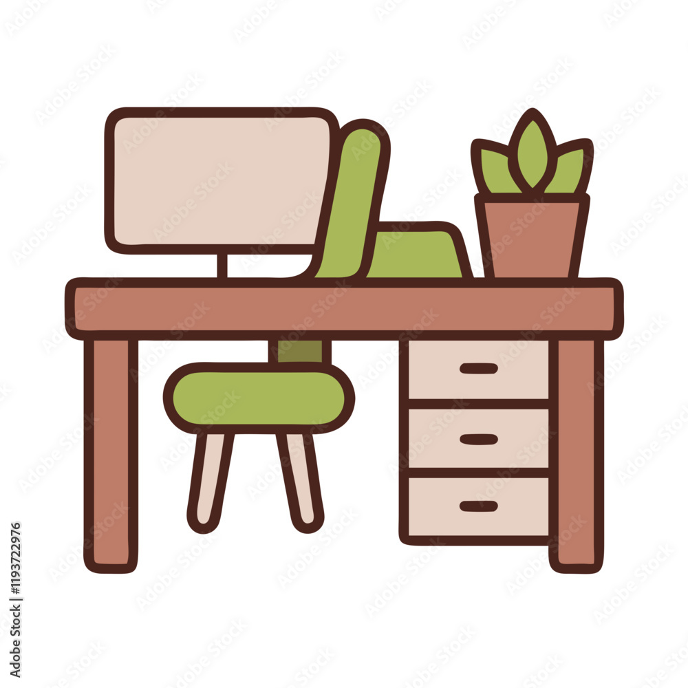 Desk Icon illustration with a plant and computer on a white background Desk Icon illustration with a plant and computer on a white background