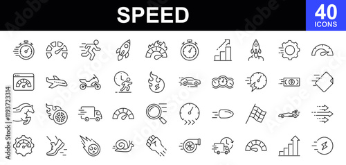 Speed icon set. Containing fast, slow, movement, productivity, indicator, turbo, speeding, gauge, express and speedometer icons. speed icon collection. Vector illustration