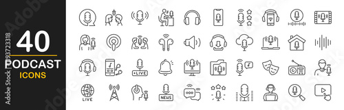 Podcast icons set. Containing audio, microphone, record, podcasting, broadcasting, headphones, internet conference, chat, recording a webinar, Interview and more. Vector illustration