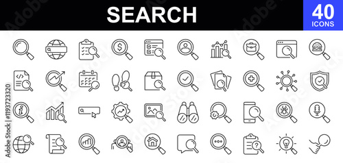 Search icon set. Contains such Icons as zoom, find document, web search engine, analytics, magnify glass symbol, look tool, binoculars, investigate and more. Vector illustration