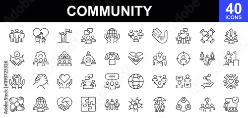 Community icon set. Containing people, friendship, social relationships, support, community development, collection of people, team, partnership, success and more. Vector illustration