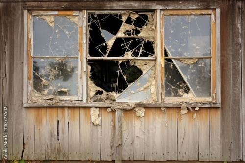 Old Broken Store Window in White Wooden Wall. Abandoned House with Shattered Glasses