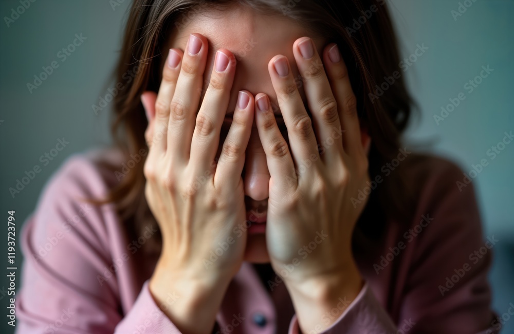Woman hides face with hands. Emotional distress abuse concept. Sadness, despair evident. Potential victim of violence harassment. Image emphasizes vulnerable female emotion. Focus on emotional Woman hides face with hands. Emotional distress abuse concept. Sadness, despair evident. Potential victim of violence harassment. Image emphasizes vulnerable female emotion. Focus on emotional