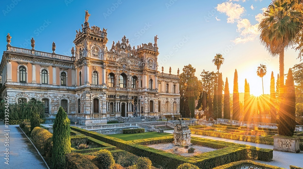 Obraz premium Majestic palace at sunset with manicured gardens.