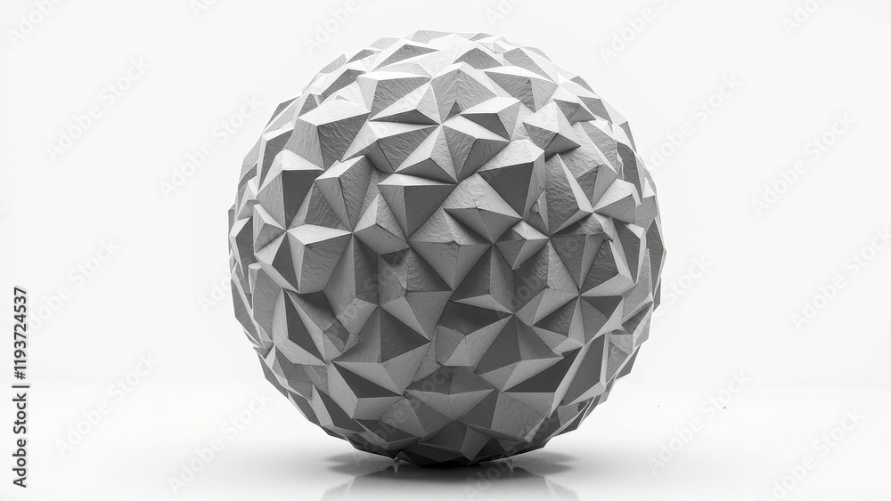 A mesmerizing gray spherical sculpture, composed of intricate triangular facets, rests elegantly on a pristine white surface. Its smooth, flat texture exudes sophistication from an eye-level perspecti A mesmerizing gray spherical sculpture, composed of intricate triangular facets, rests elegantly on a pristine white surface. Its smooth, flat texture exudes sophistication from an eye-level perspecti