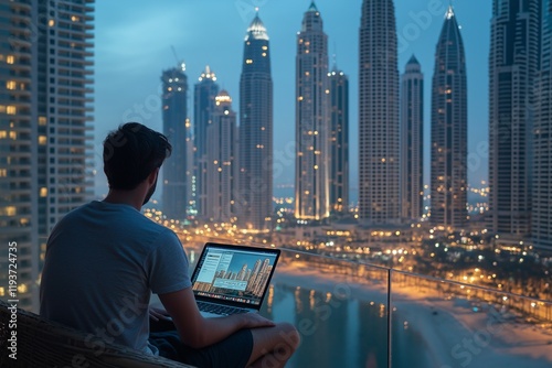 Man in a casual t-shirt sitting on a balcony with his laptop, finalizing an online order photo