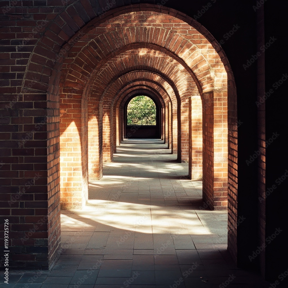 Fototapeta premium A long brick hallway with a window in the middle