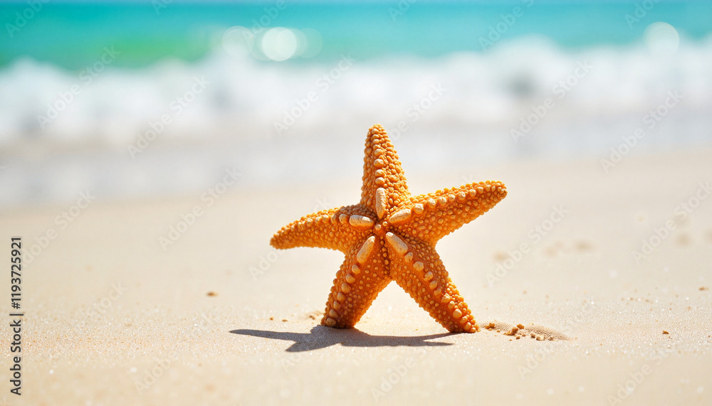 Starfish on sandy beach under bright blue sky Starfish on sandy beach under bright blue sky