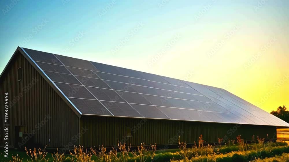 sun setting reflection on  solar panels farm shed roof 
