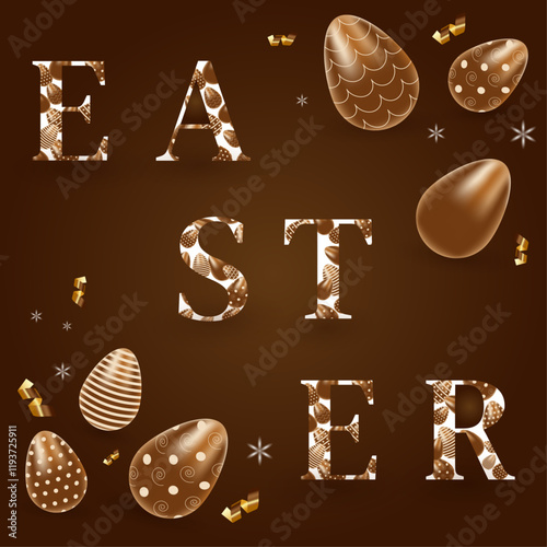 Easter greetings, background with chocolate painted eggs. Vector illustration.