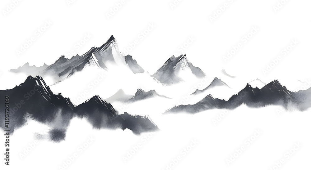 Fototapeta premium Misty Mountain Range Illustration, Isolated on Transparent Background