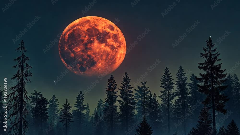 Blood moon rising over a misty forest at night.