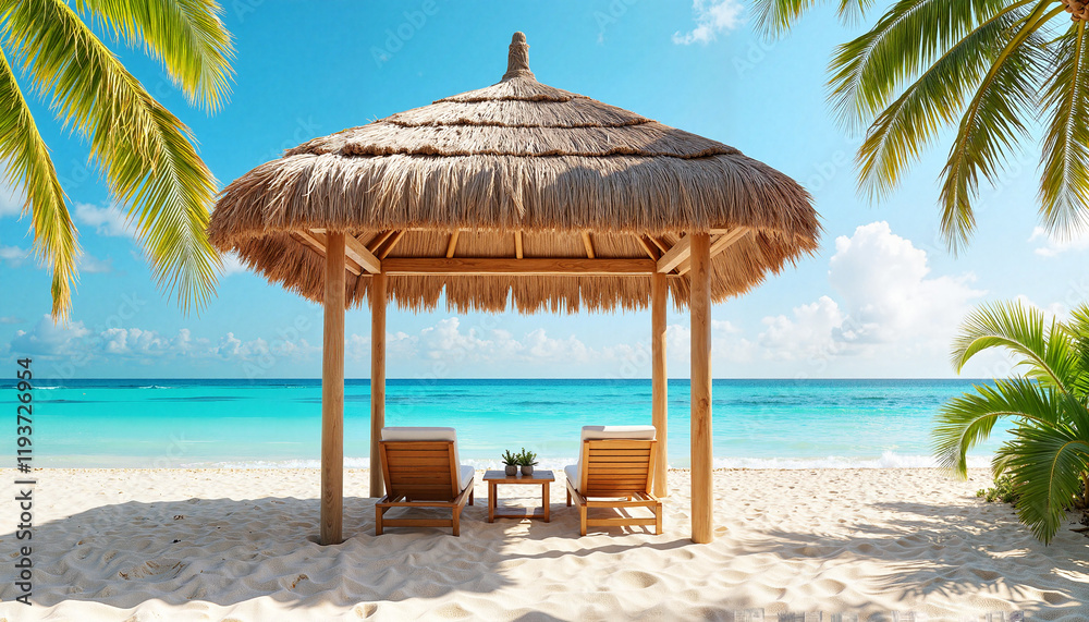 Tropical hut on sandy beach with palm trees Tropical hut on sandy beach with palm trees