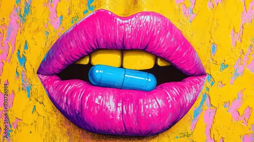 vibrant pop art depiction of an open mouth with bright pink lips and yellow teeth, showcasing a blue pill placed on the tongue, set against a bold yellow and pink textured background photo