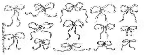 Hand drawn doodle bow ribbons. Vector illustration of vintage whimsical cute decorative bows. Coquette design elements in retro french style for wedding or christmas invitation, dinner menu.