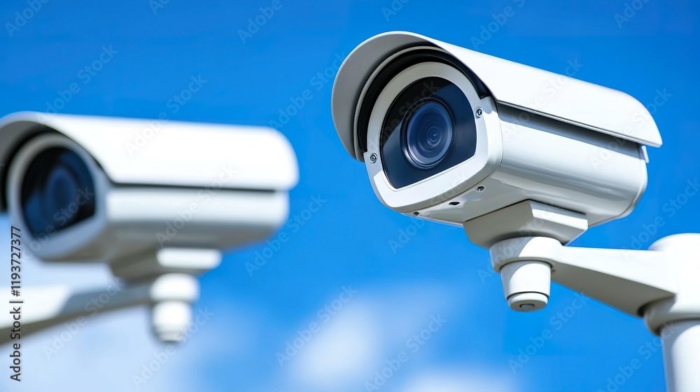 Surveillance cameras against blue sky for security monitoring Surveillance cameras against blue sky for security monitoring
