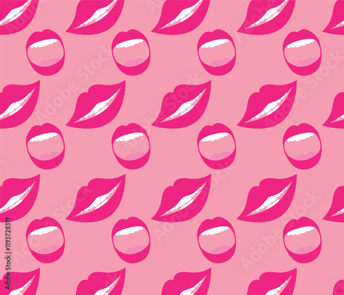 Continuous pattern of lips with white teeth on pink background