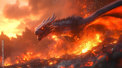 majestic, orange dragon with fiery wings spreads its wings against a backdrop of dramatic clouds and fiery flames.