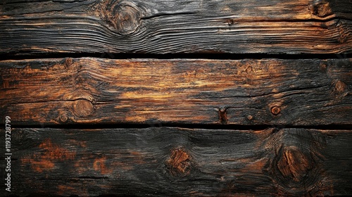 This image highlights the burnt texture of wooden planks showing distinct knots and grains, revealing the rustic charm and character imparted by time and elements.