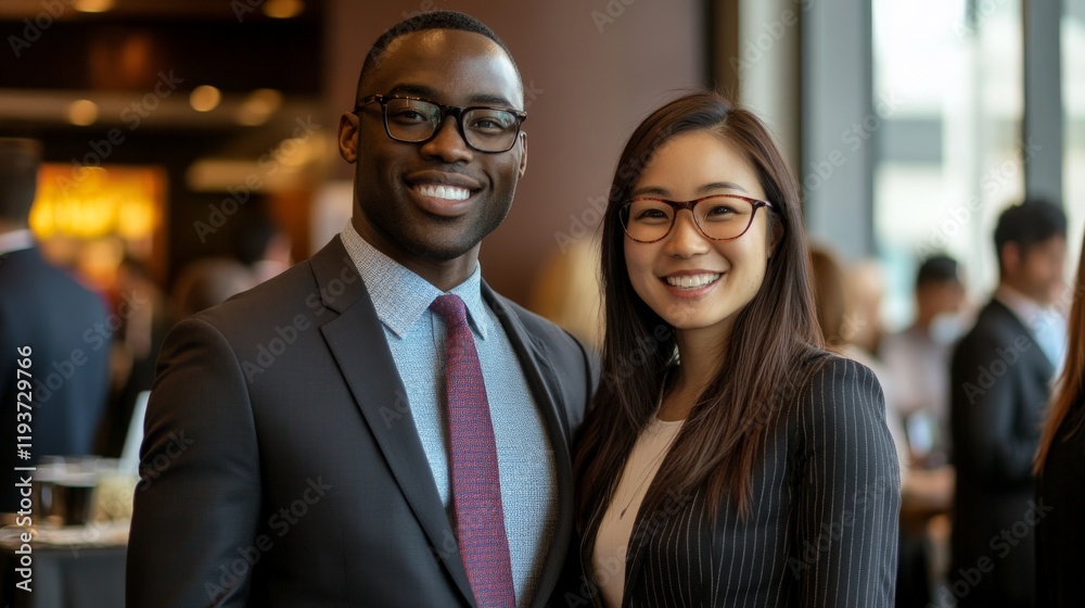 Professional networking event with african male and asian female adults in business attire Professional networking event with african male and asian female adults in business attire