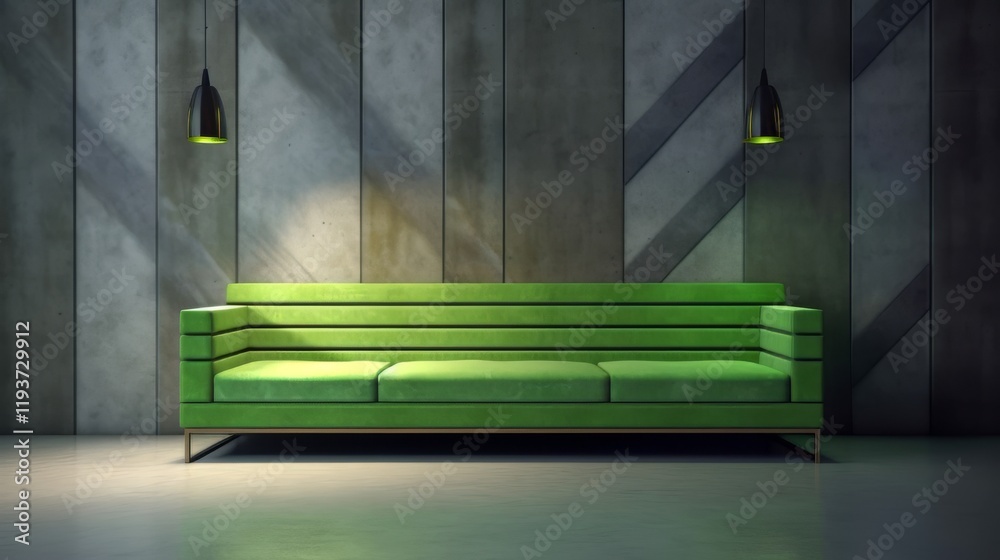 Stylish green sofa against a modern textured wall with unique lighting Stylish green sofa against a modern textured wall with unique lighting